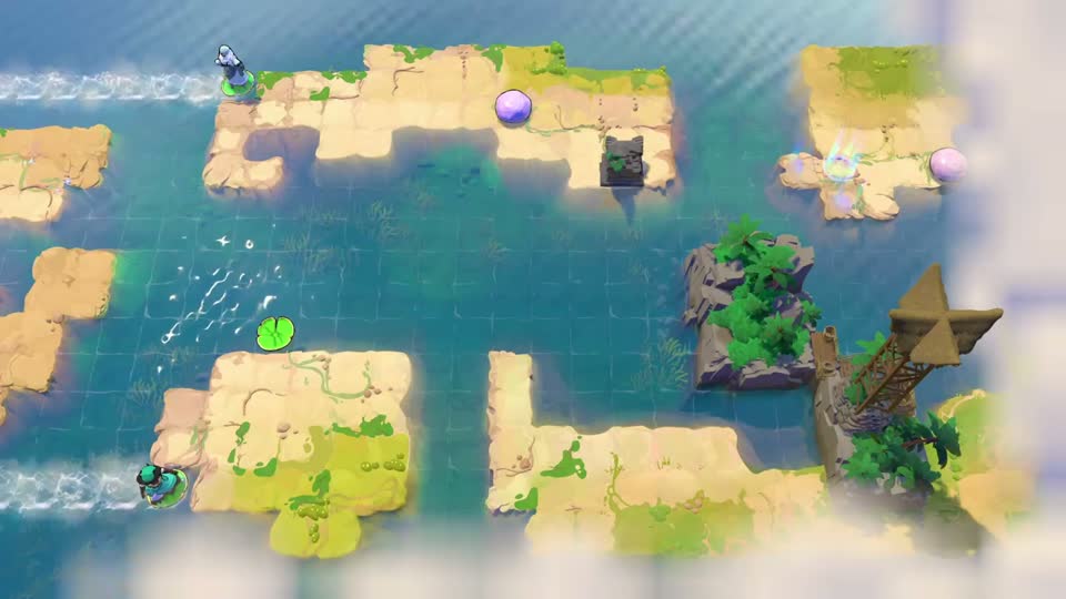 A long upper bank faces a small square island below-left and a larger island below-right. A tall golden-star pillar stands at the far right.
