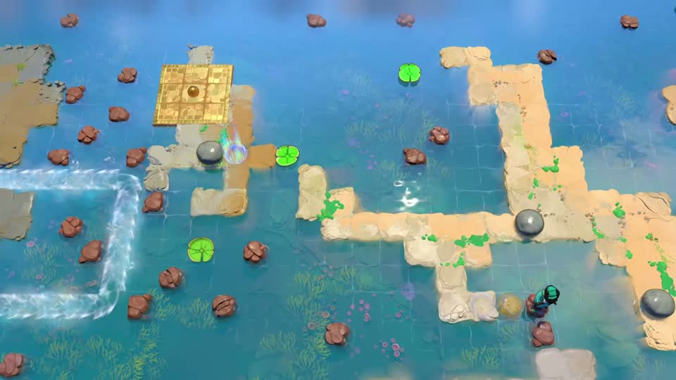 A gold square and checkpoint stand on the left, opposite a long pale L-shaped island. The upper lily pad must cross the open water between them.
