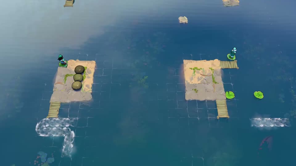 Three round stones form a vertical line on a small left island. The right island has a long downward dock and a pair of pads beside it.