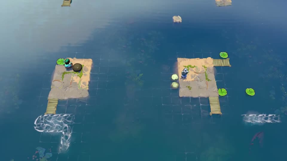 Two catches leave submerged stones along the left edge of B’s island.