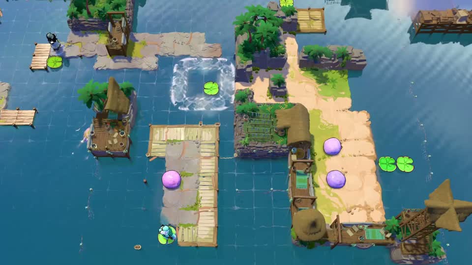 A square current circles open water on the left. Two small banks and a separate pair of lily pads sit farther to the right.