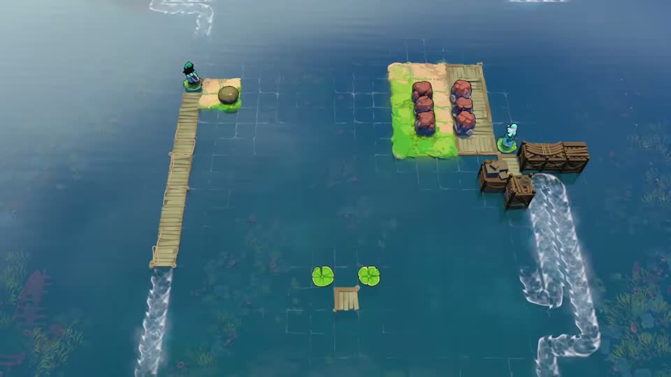 Six red rocks stand in two columns on the right island, next to crates and a turning current. A long wooden dock runs down the left side.