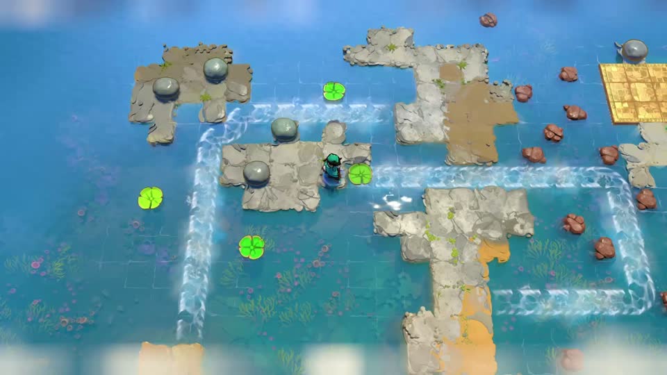 Grey islands sit inside a rectangular current circuit. Three pads are scattered around it, and a gold square is visible at the far right.