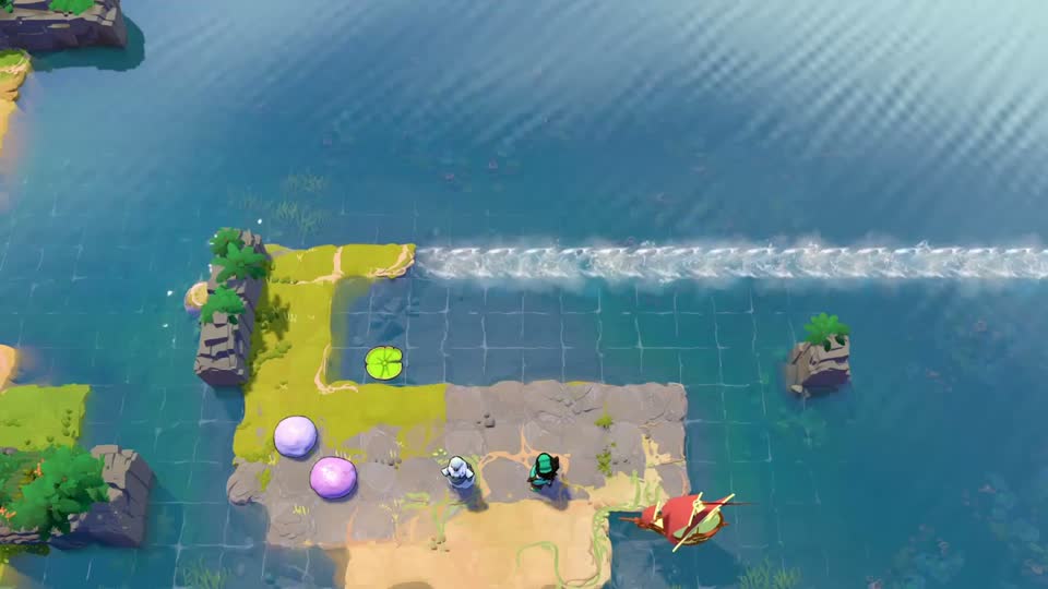 A red-sailed boat below a stone-paved landing, two stones near the lower-left corner and a lily pad inside the long current along the top.