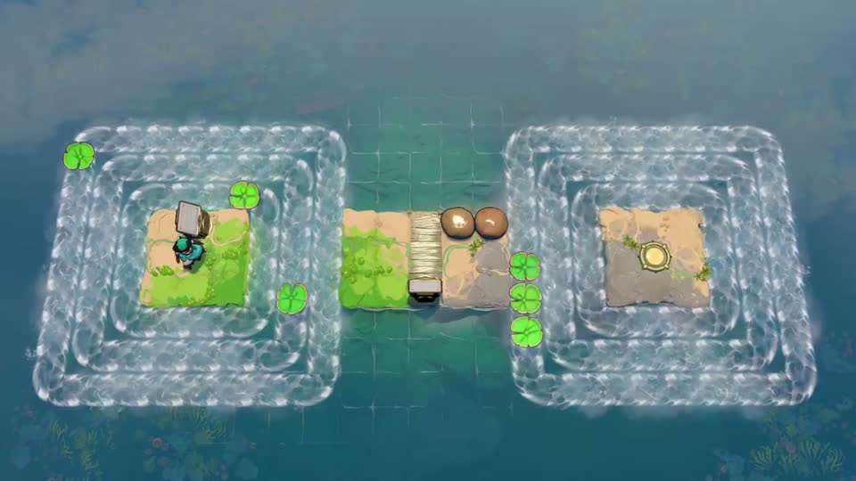 Three small islands sit inside nested square currents. The middle island holds two round stones; a yellow teleporter is on the island to the right.
