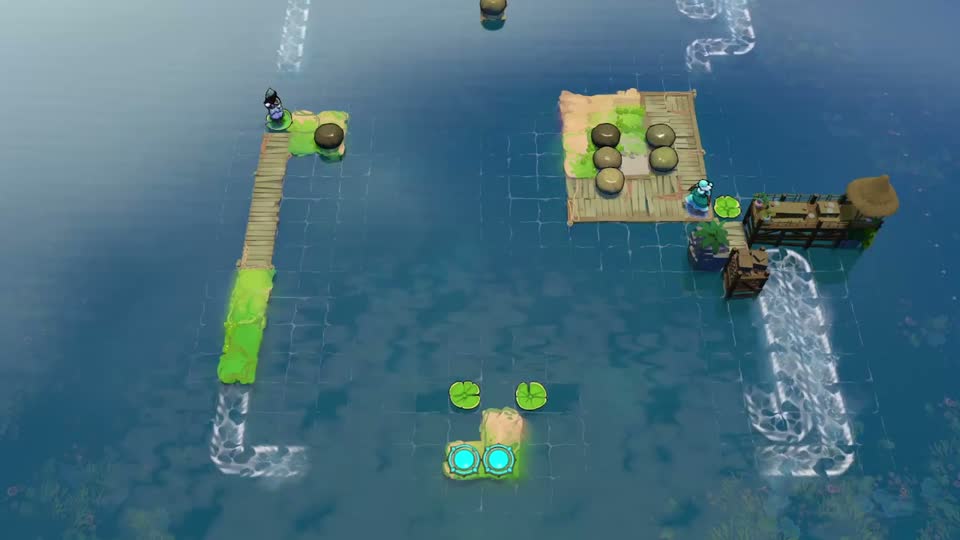 A long dock on the left faces an island of round stones and a crate-side current on the right. Two glowing blue teleporters wait on a tiny platform below.