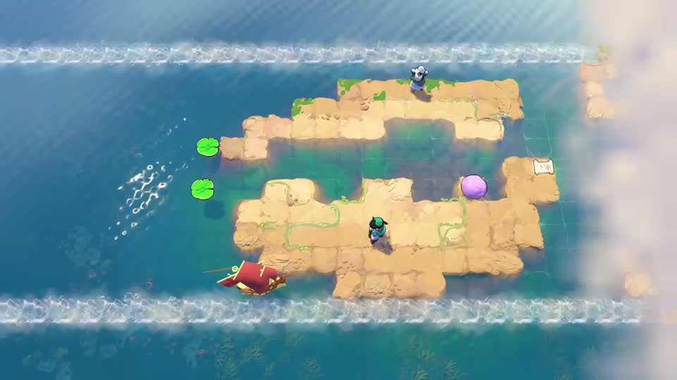 Two long horizontal banks, a red-sailed boat below the left edge and a pink stone on the lower bank. Two lily pads wait at the banks’ left ends.
