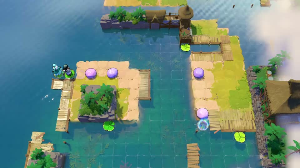 Two islands face one another across open water. A pink stone waits on each side, with narrow docks and a checkpoint above the crossing.