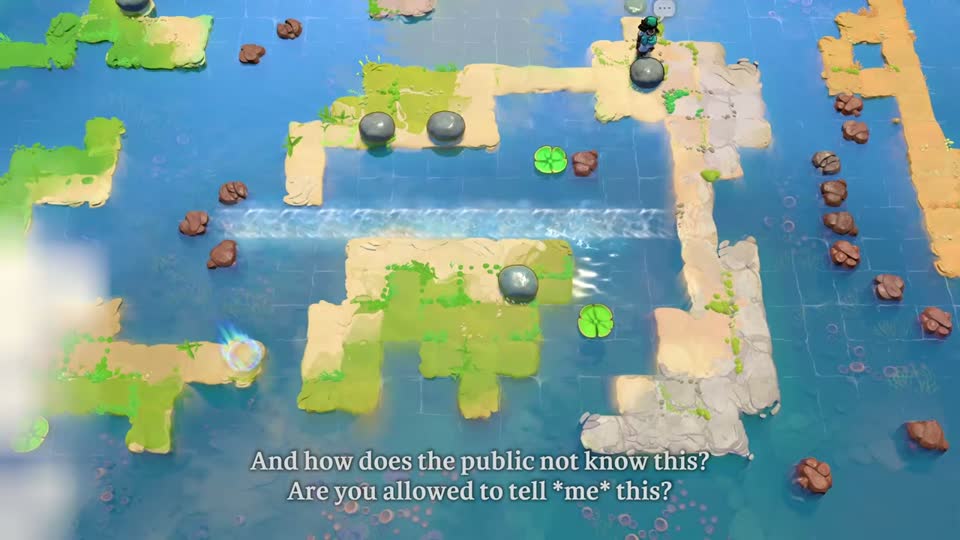 A green central island sits below a long horizontal current. An L-shaped pale bank runs along the top and right; the next checkpoint is on the left.