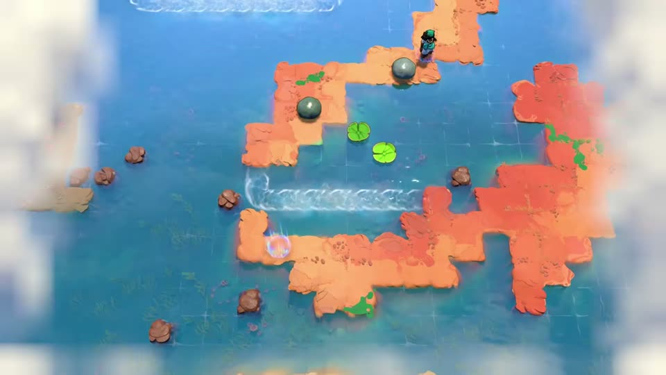 An orange horseshoe surrounds two diagonally offset lily pads. Two stones start on the upper-left approach, and the checkpoint is at the lower-left bend.