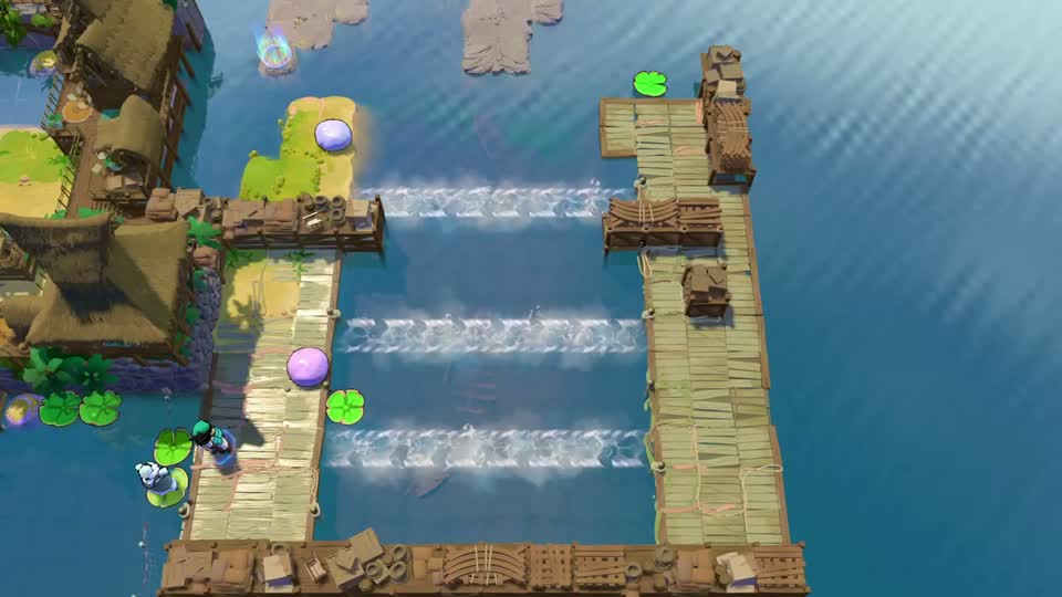 Three bright horizontal current lanes run between long vertical wooden docks on the left and right.