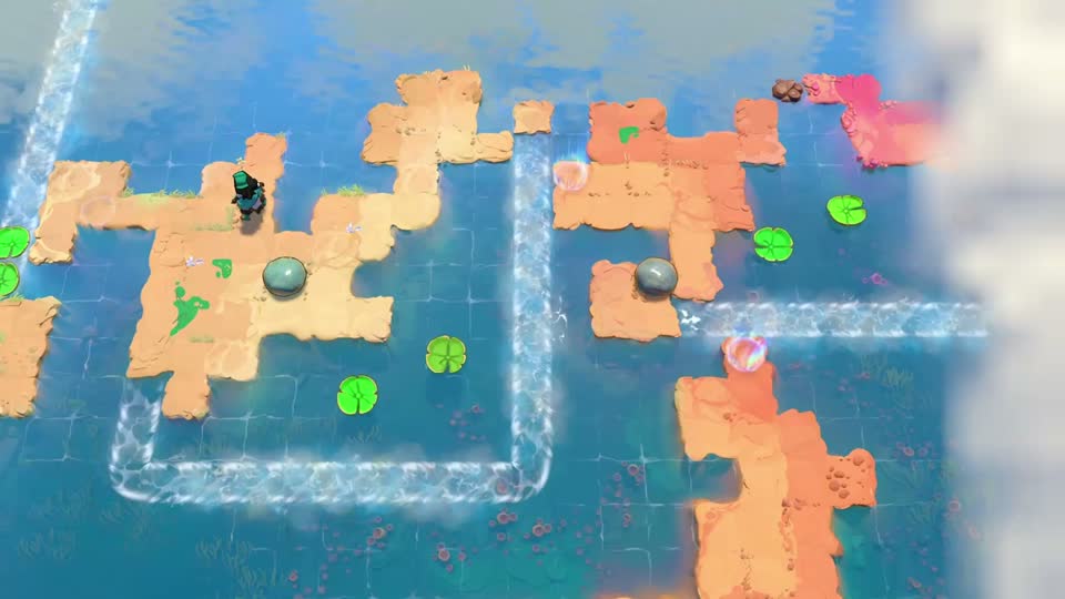 A pale island on the left faces an orange island across a vertical current. Two lily pads sit below the left island; two more sit beside the right island.