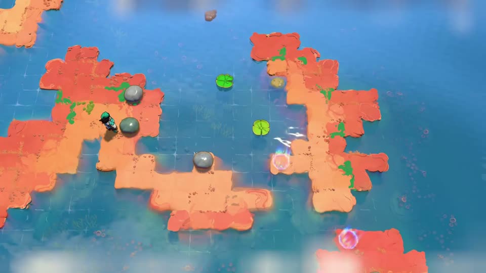 Orange islands surround a central bay. Two pads stand at different heights near the right bank, with another checkpoint on a detached island below.