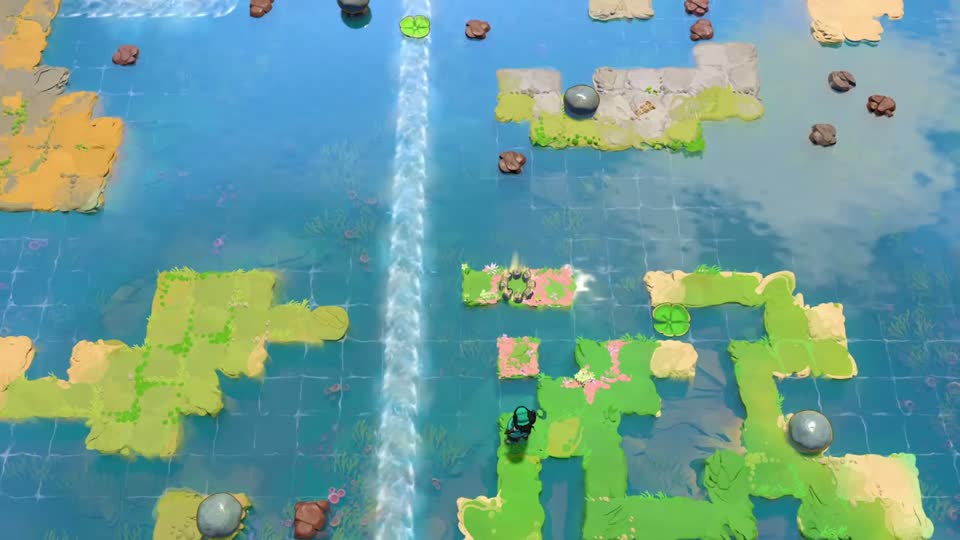 A tall vertical current separates green islands. A single pad sits inside a hook-shaped island on the right, with a narrow ruin above.