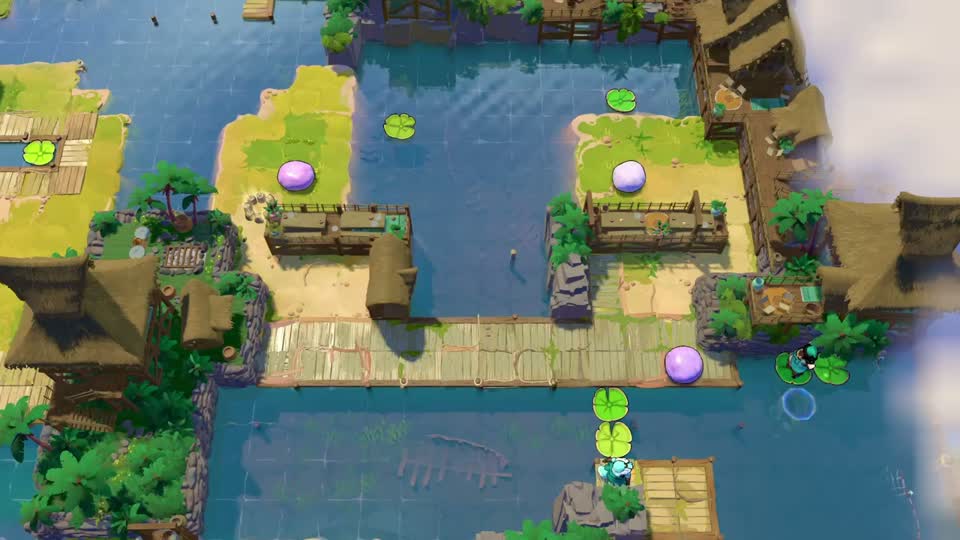 Two compact islands sit above a wide wooden dock. Two lily pads separate the islands from the lower docking area.