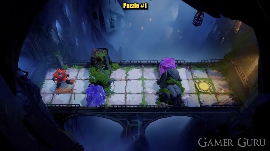 Red hero at the left of two pillars, with blue and purple crystals blocking the lower and upper passages