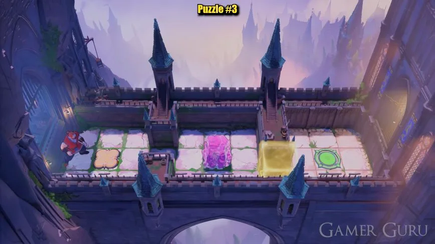 A single purple crystal between the left pressure plate and the yellow gate on the right
