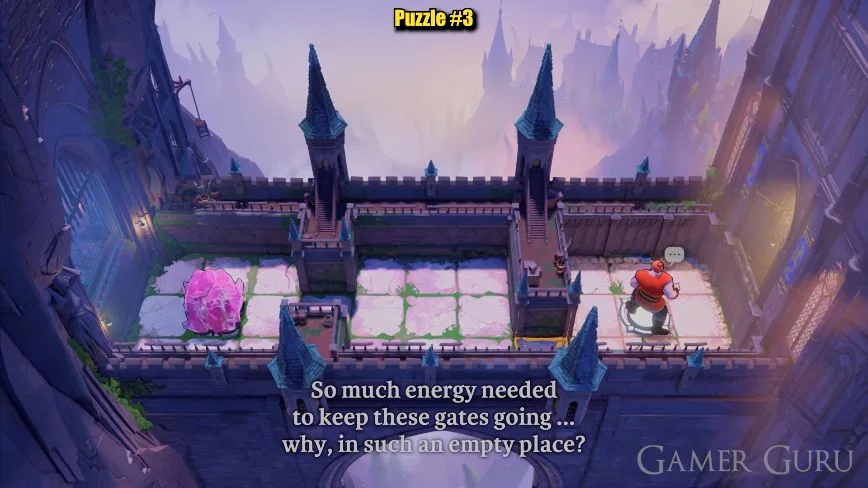 The red hero is on the circle beyond the open right-hand gate