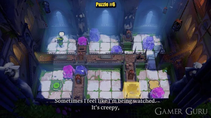 Green hero in two crowded corridors with a plate and gate at the lower right
