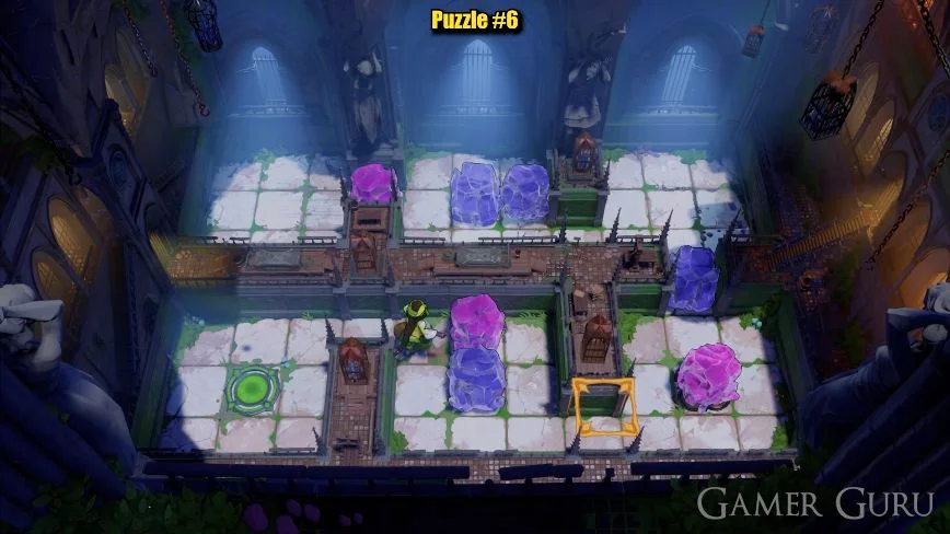 In the lower corridor, the green hero has walked around the lowered blue crystal to the purple crystal’s left side