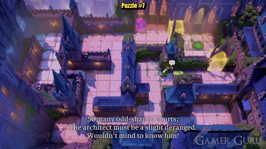 One purple crystal in an upper recess, a large walled courtyard and two yellow gates