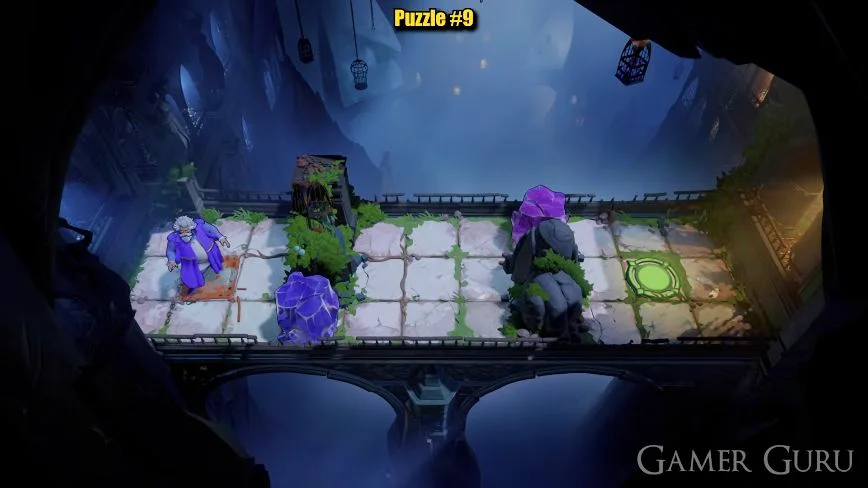 Purple-robed swapping hero on the left of the familiar two-pillar corridor