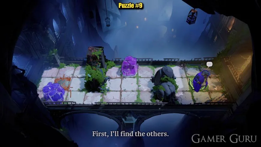 After two exchanges, the purple-robed hero reaches the circle to the right of the pillars
