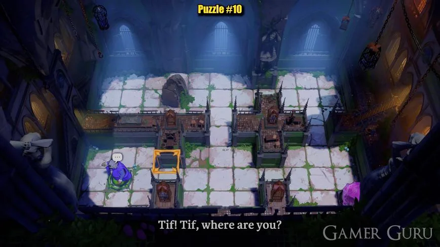 The purple crystal holds the lower-right plate and the hero reaches the lower-left circle