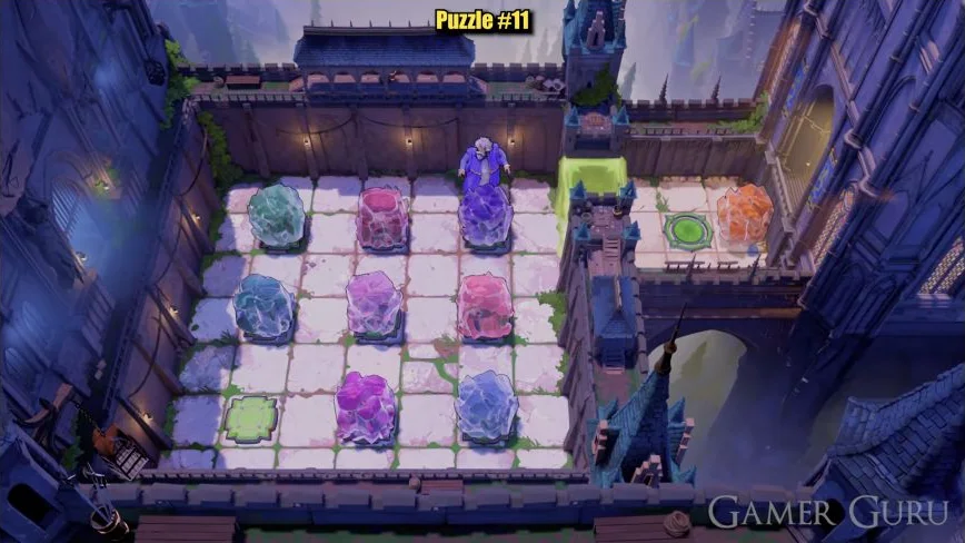 Purple-robed hero above a crystal grid with the lower-left plate and an orange crystal beyond the upper-right gate