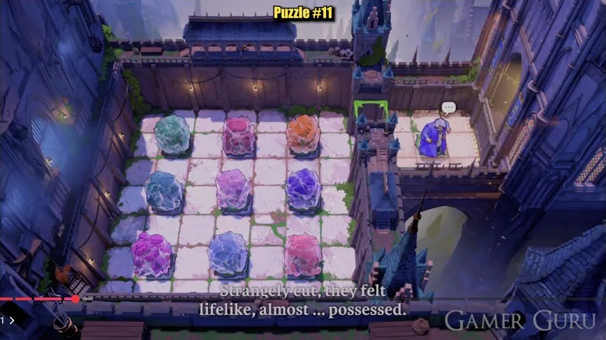 The hero reaches the circle outside the right gate while a crystal still holds the left plate