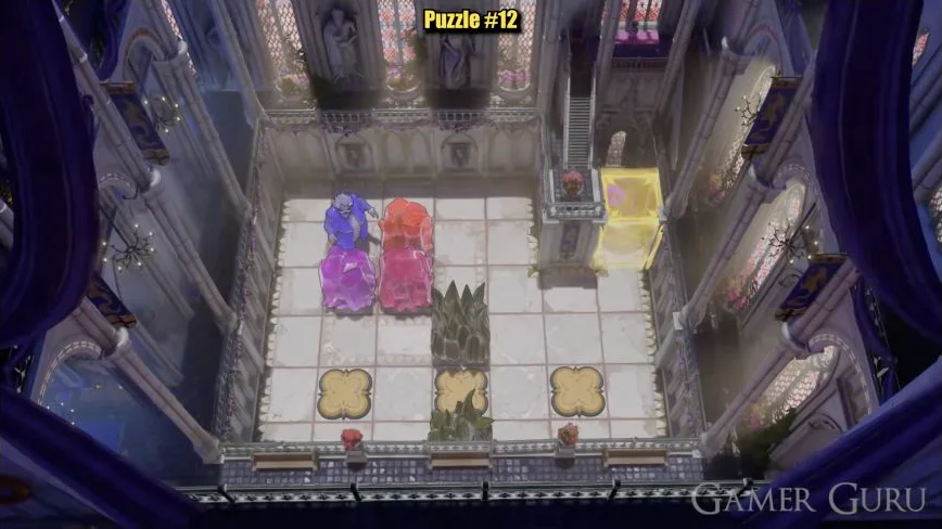 Three colored crystals above three lower plates, with obstacles around the middle plate