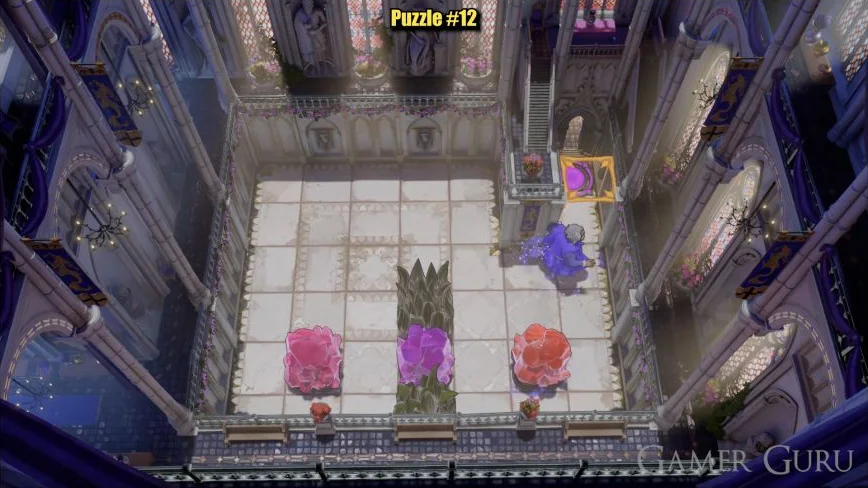Purple, pink-red and orange crystals hold the middle, left and right plates