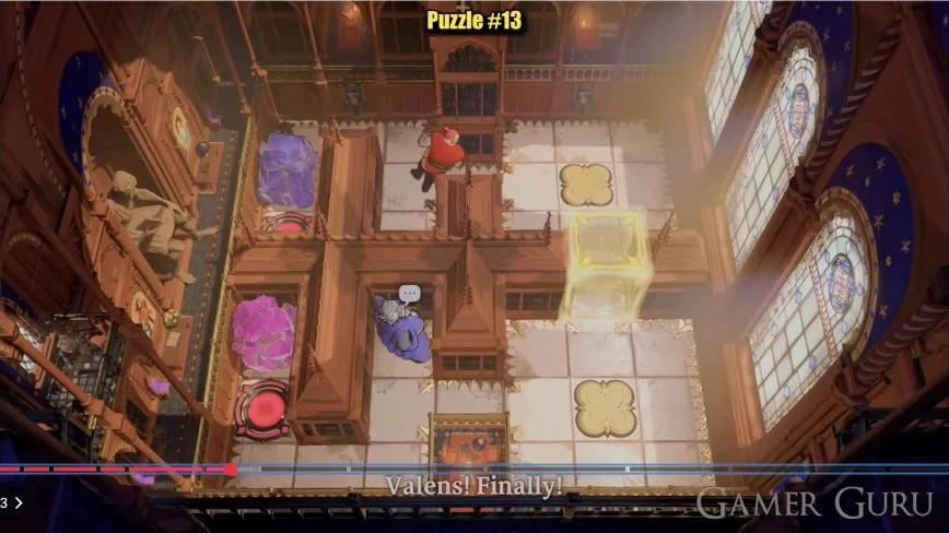 Divided interior with red and purple-robed heroes, two yellow floor tiles on the right and two red goal circles on the left