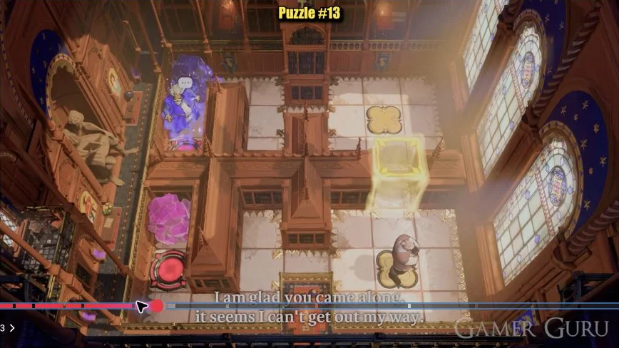 The purple-robed hero exchanges with the upper-left crystal, clearing the route down to the red circle