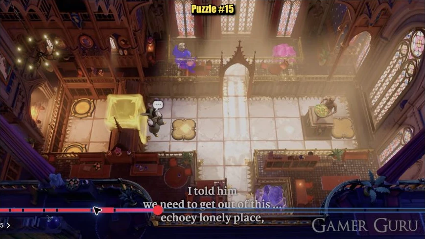 Green and purple-robed heroes in separate corridors, with blue and pink crystals, two flower plates and two gold circles beyond the left gate