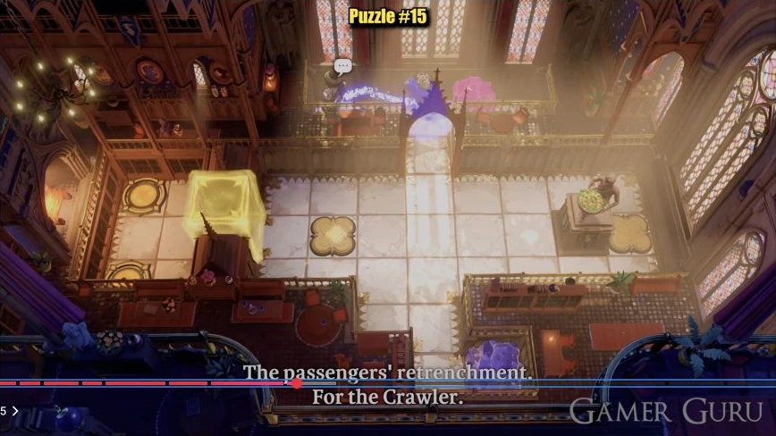 The heroes have exchanged places above the central arch so purple can reach the lower crystal