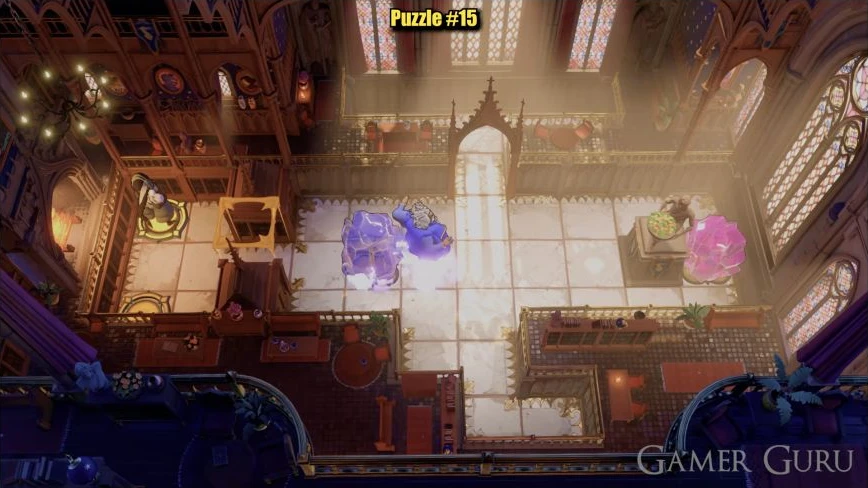 Blue is back on the left plate after purple’s final crystal swap; green is already on the upper goal
