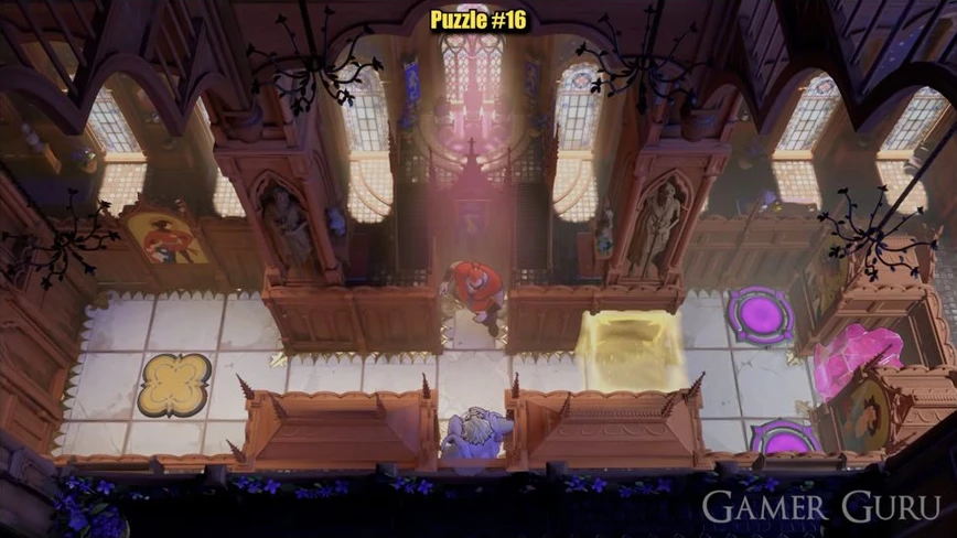 Red and purple at opposite ends of the central passage, with a left yellow plate, right gold gate, two purple goals and a pink crystal in the right recess