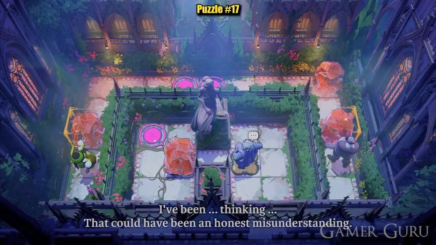 Both open gate squares contain crystals while the purple-robed hero holds the right plate