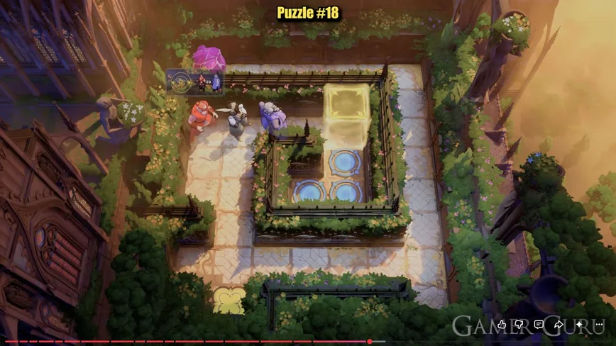 Three heroes on an outer square walkway, purple crystal at the upper left, flower plate at the lower left and three blue circles inside the fence