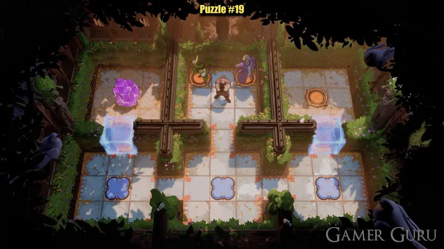 Three heroes above three blue flower plates, with a crystal in the left room and orange goal circles in the middle and right rooms