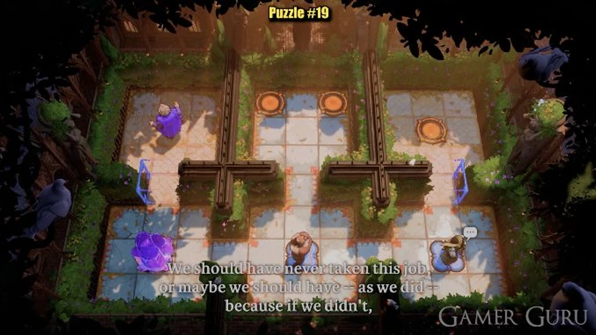 Purple has entered the left room while a crystal, red and green hold the three blue plates