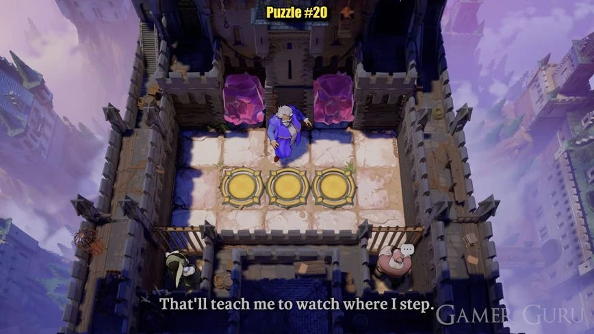 Purple in the main room, green and red in separate lower gated pockets, two crystals in top slots and three empty gold circles