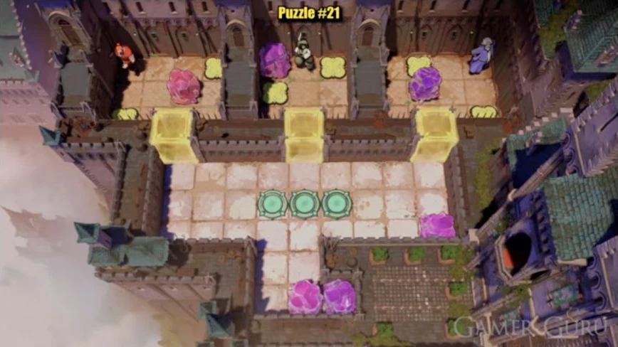 Red, green and purple in three upper rooms with six yellow plates, six crystals in total and three green goal circles below