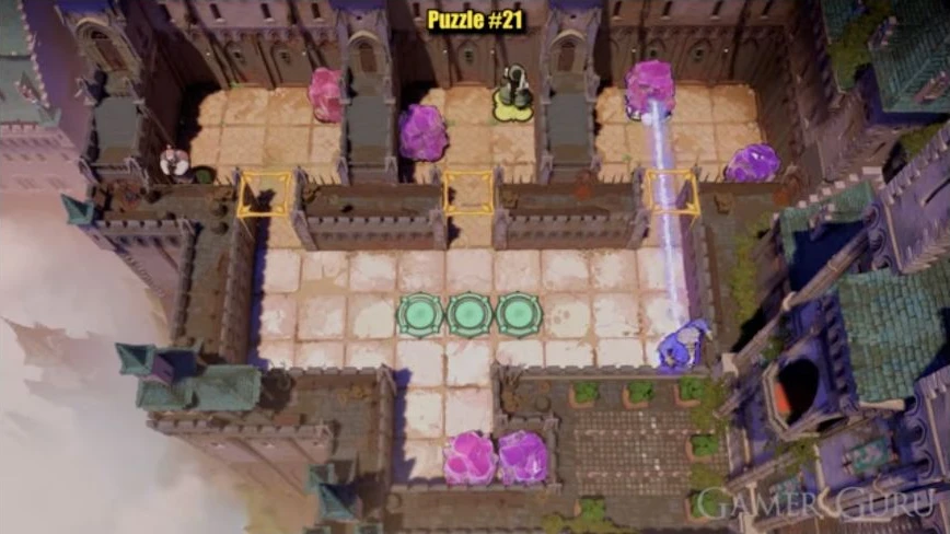 Purple exchanges downward through the right doorway so an outside crystal replaces purple on the upper-left plate
