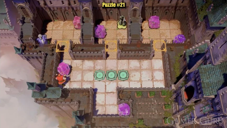 Red pushes the outside crystal upward through the left doorway while purple holds the lower-left plate