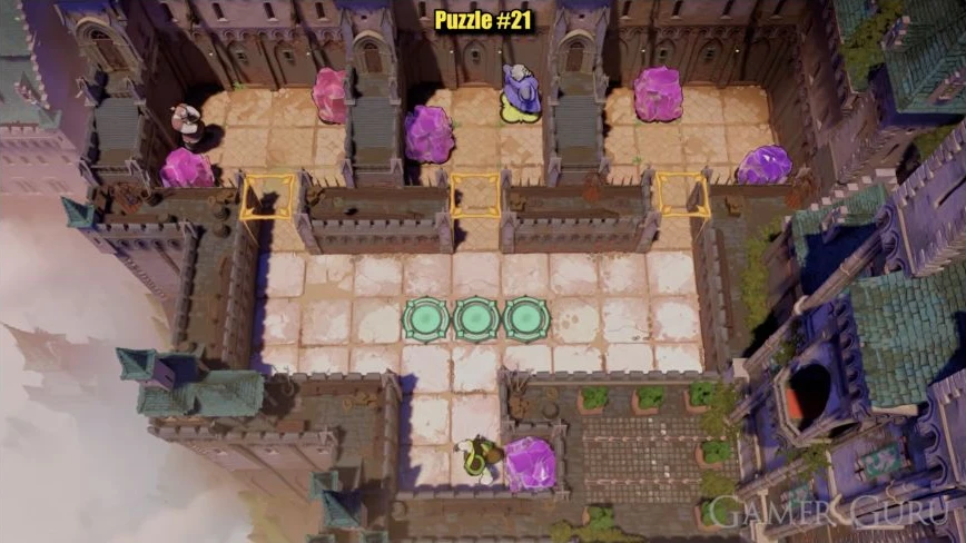 Purple holds the middle room’s upper-right plate while green retrieves the remaining outside crystal