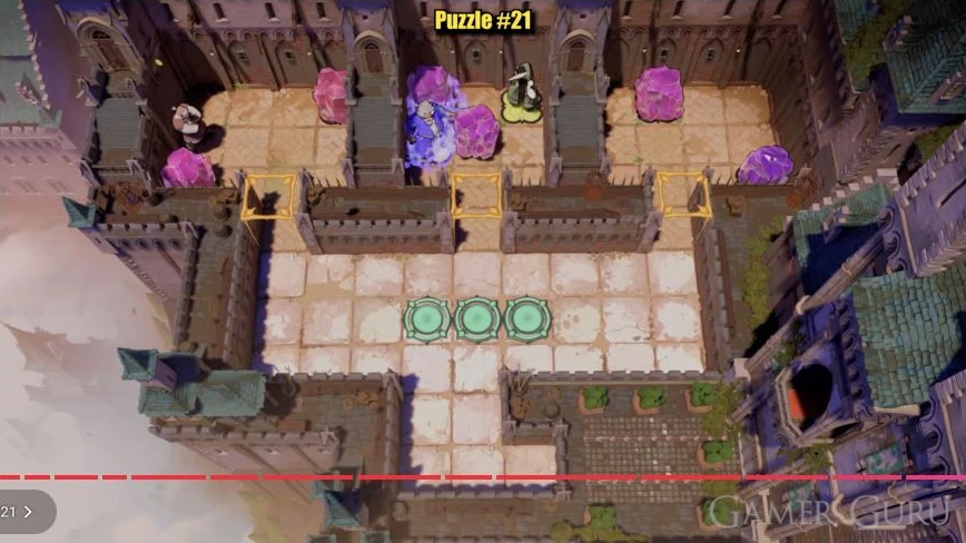 Purple swaps with the old left-plate crystal, moving it to the top-left square before relaying the new crystal