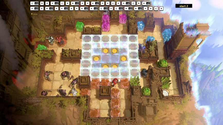 Six empty central circles, surrounding colored crystals and the south red-clad hero selected before the first input
