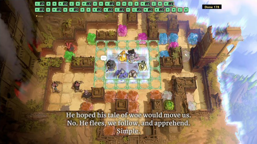 Done 178: six companions occupy all six illuminated goal circles and dialogue begins